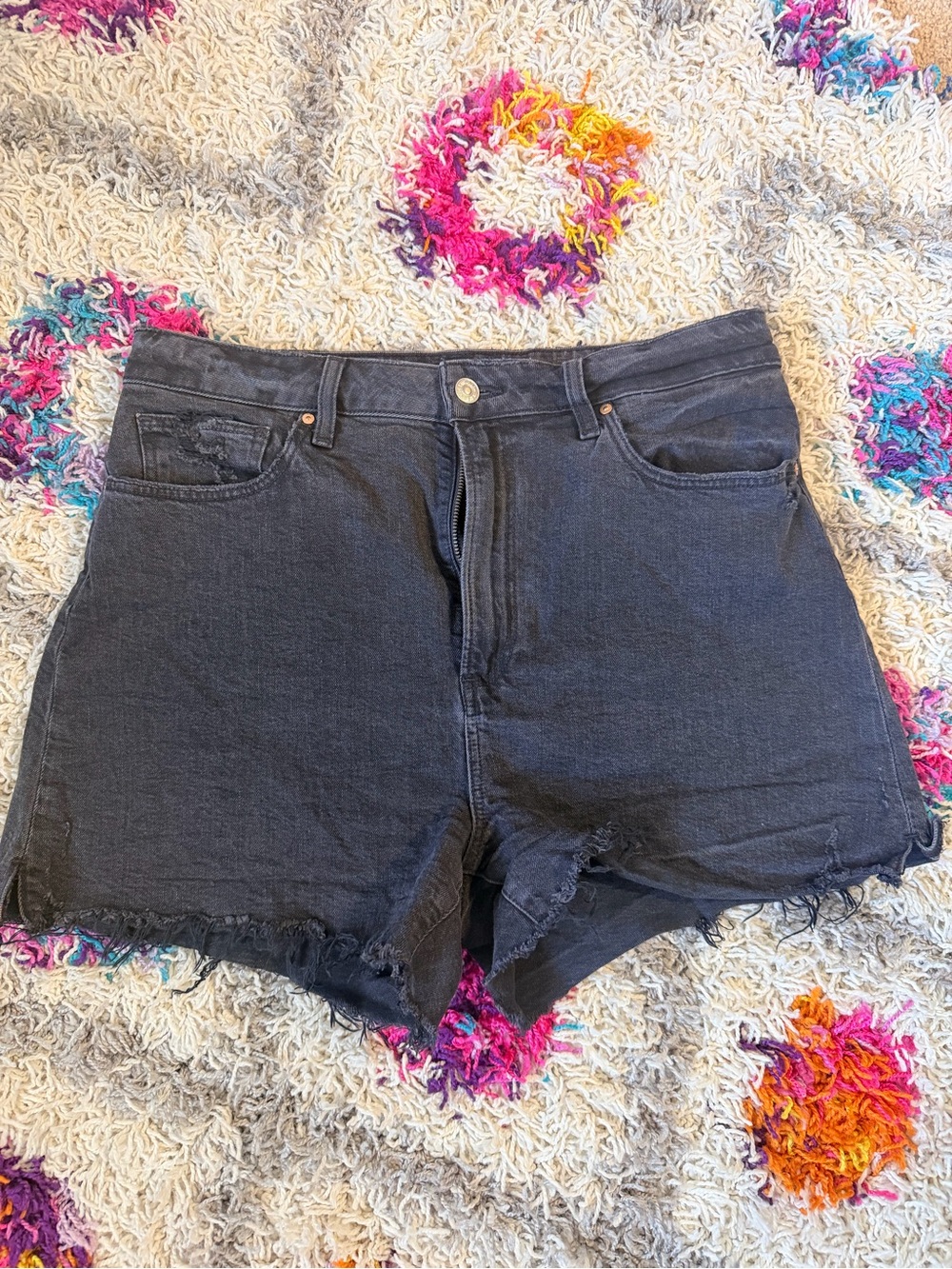 PAIGE Denim Black High-Rise Distressed Denim Shorts, Size 31